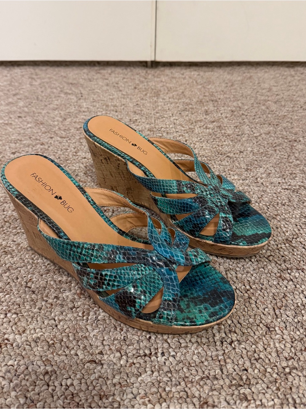 Fashion Bug Teal Snakeskin Wedge Sandals